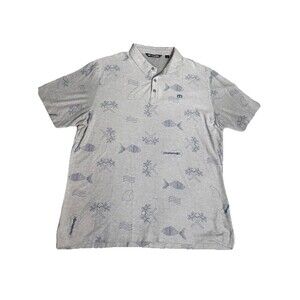 Travis Mathew Polo Men's XL Grey Fish Palm All Over Print Graphic Short Sleeve